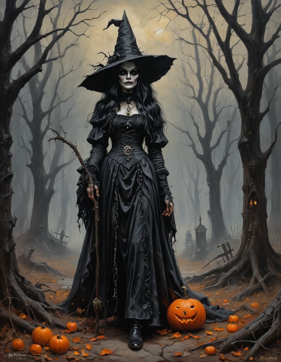 Gothic Halloween Witch in Oil Painting Style