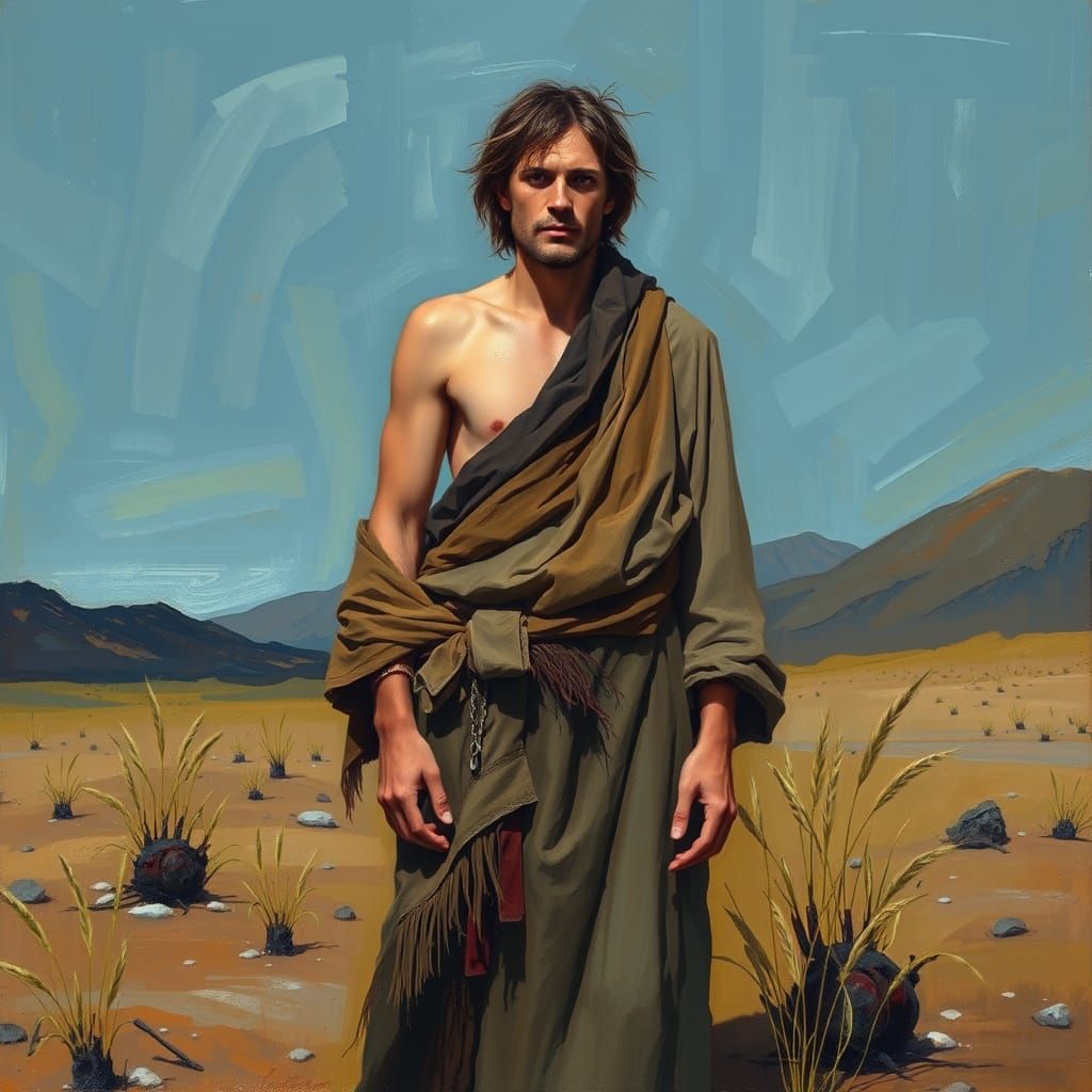 Fragile Man in Desolate Landscape: Expressionist Painting