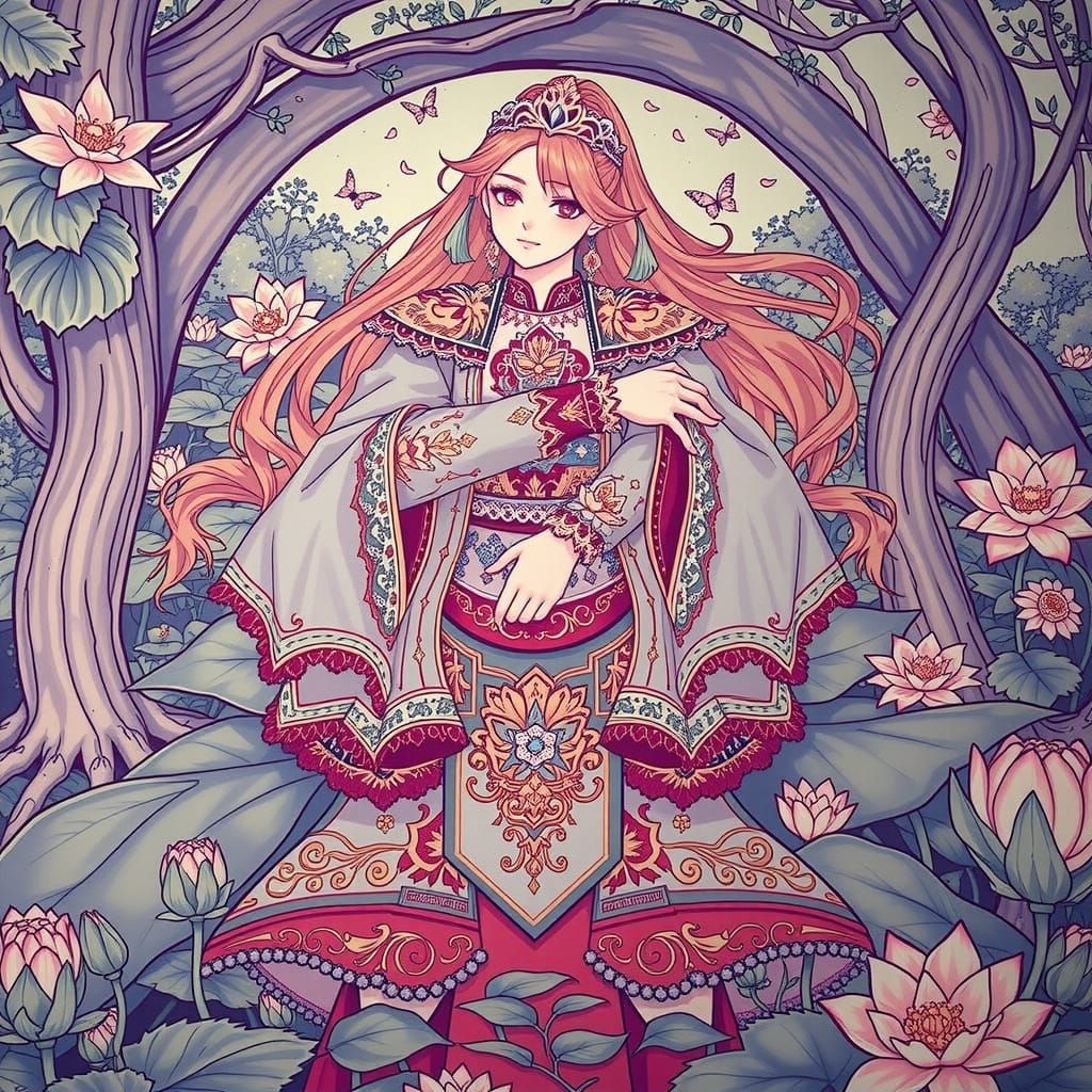 Two Women in Ornate Golden Attire by Lotus Pond