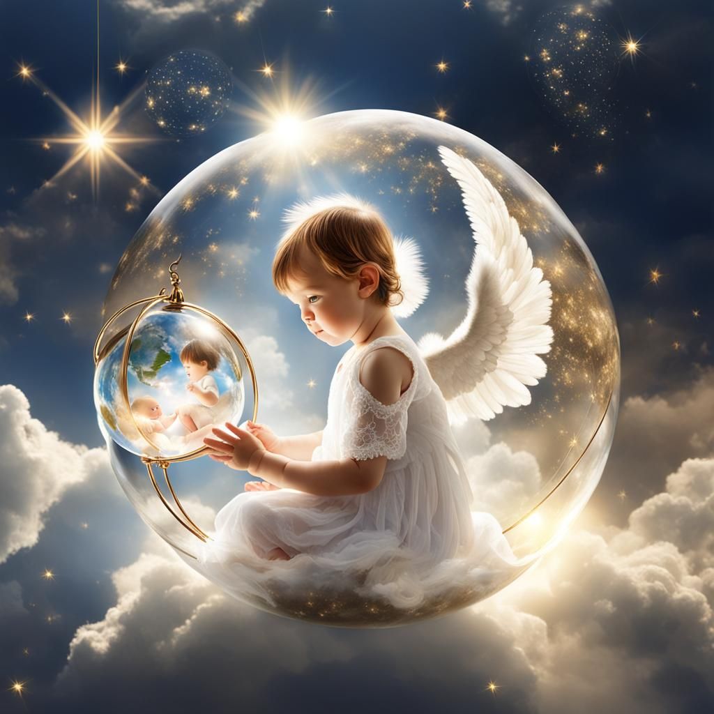 Angel Watching Over Baby in Globe with Golden Light