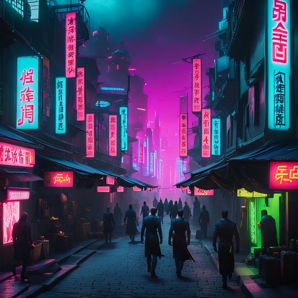 Cyberpunk Medieval City Street with Neon Lights