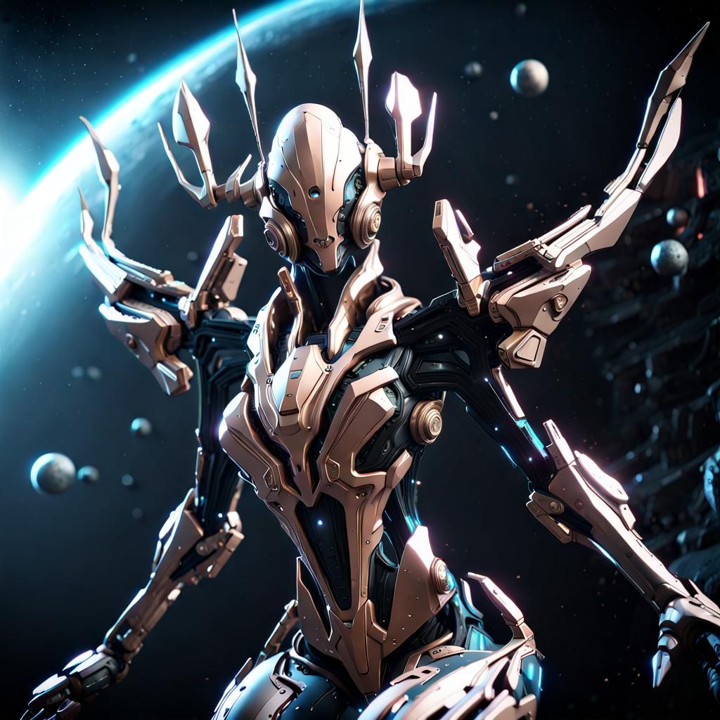 Futuristic Warframe Hybrid Floating in Space