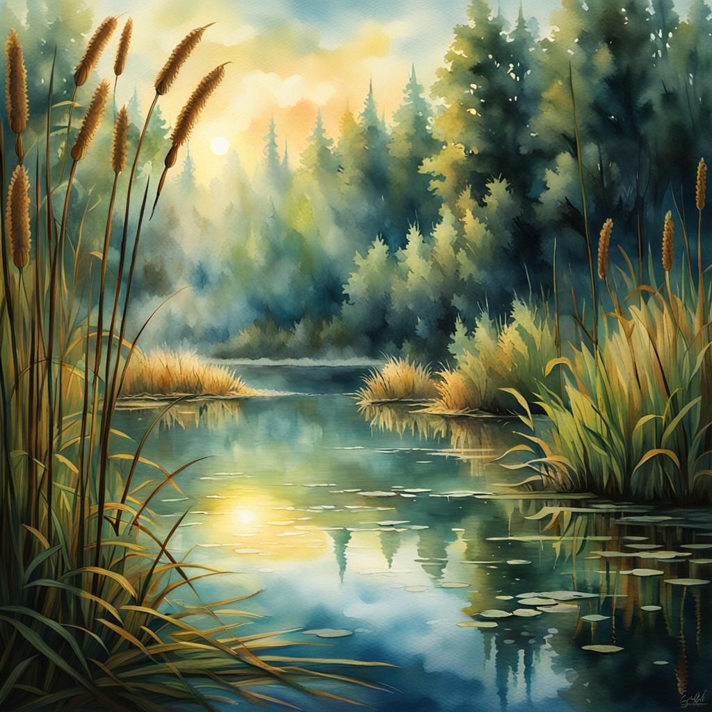 Woodland Lake Scene in Watercolor Style