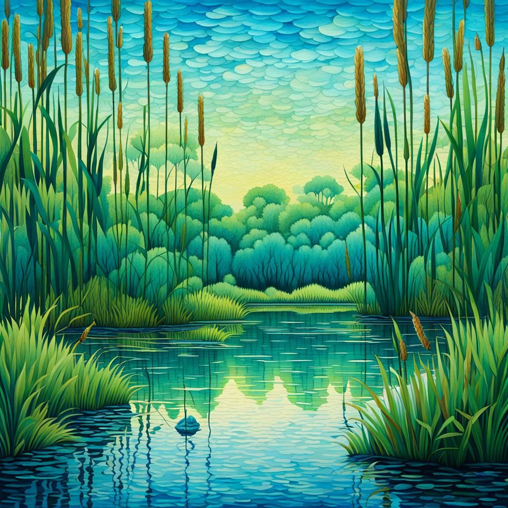 Lush Woodland Lake in Harmonious Tessellation