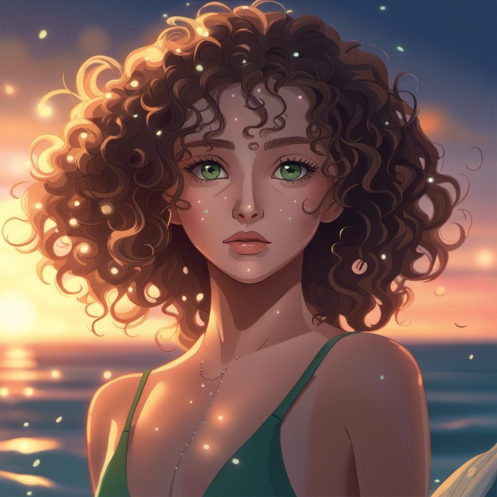 Girl with Curly Hair on Beach in Cyberpunk Style