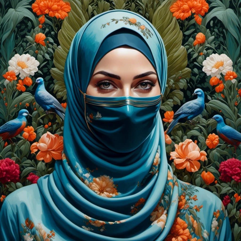 Woman in Hijab and Mask, Oil-Gouache Portrait