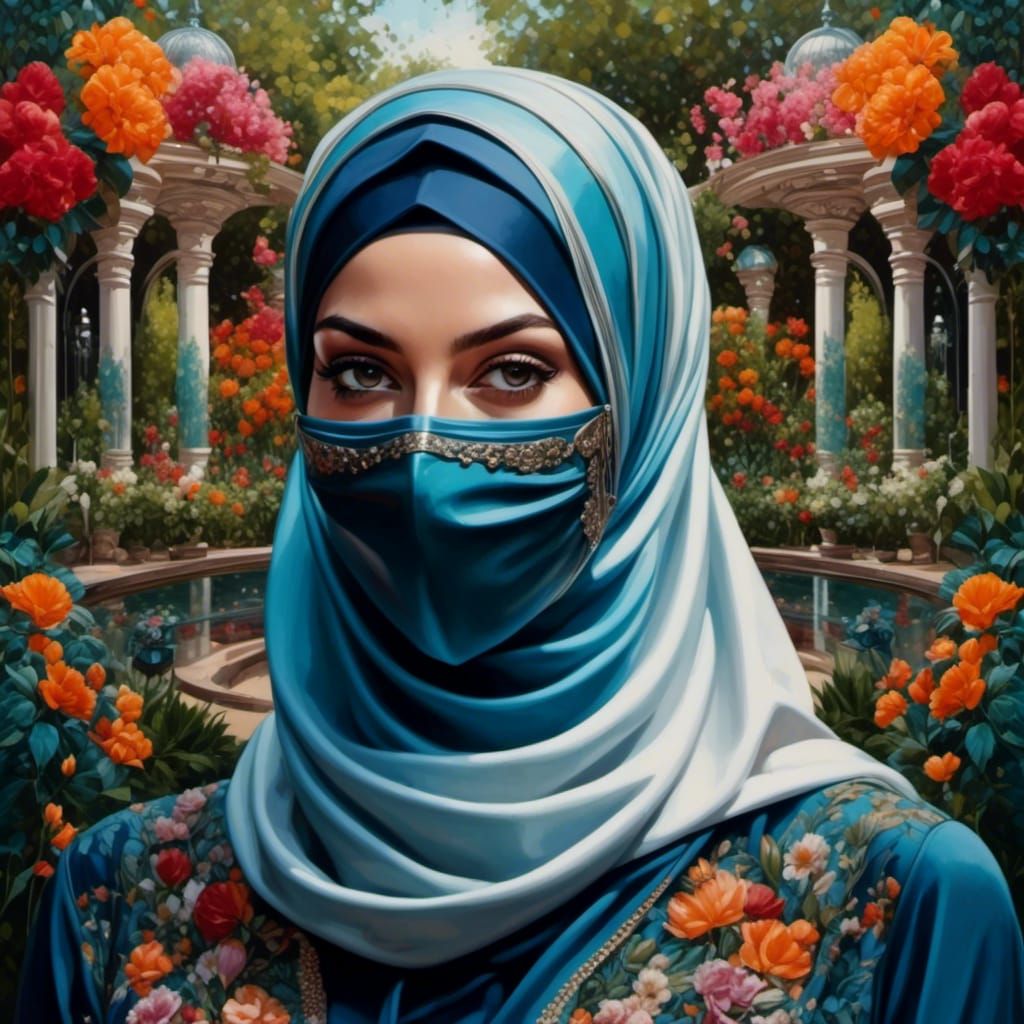 Masked Woman in Botanic Garden: Oil-Guache Portrait