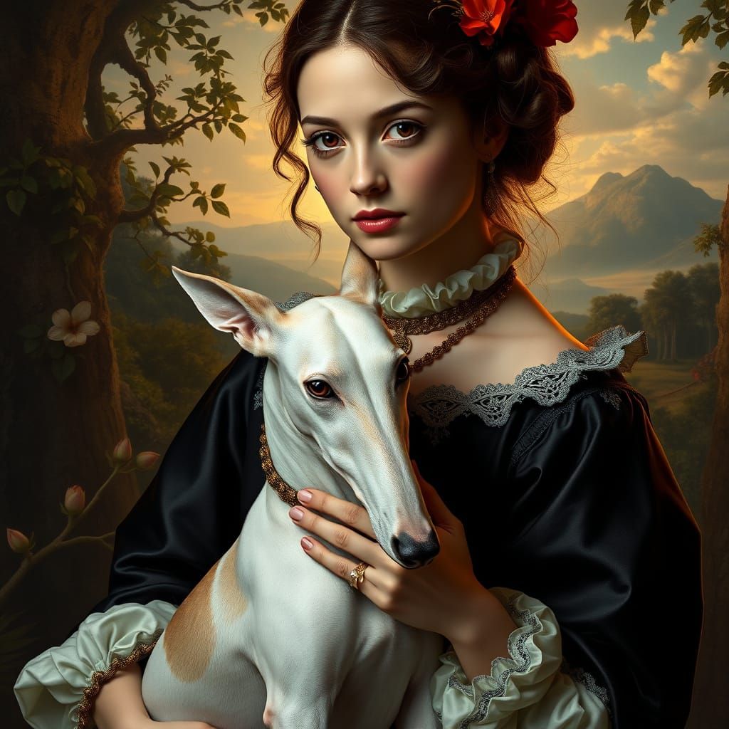 Elegant Lady and Her Majestic Greyhound in Dreamlike Setting