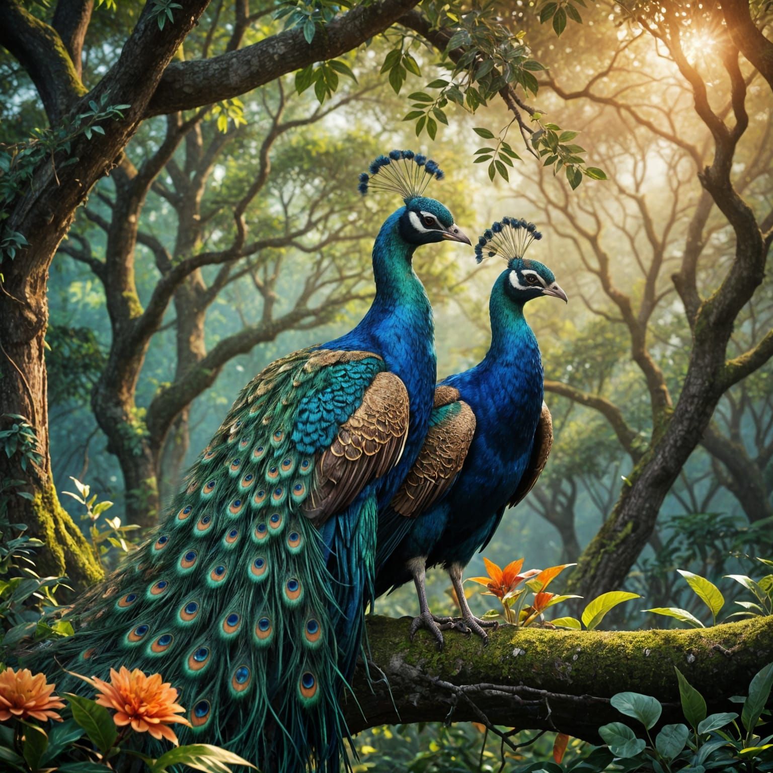 Peacocks in Whimsical Sunset Harmony