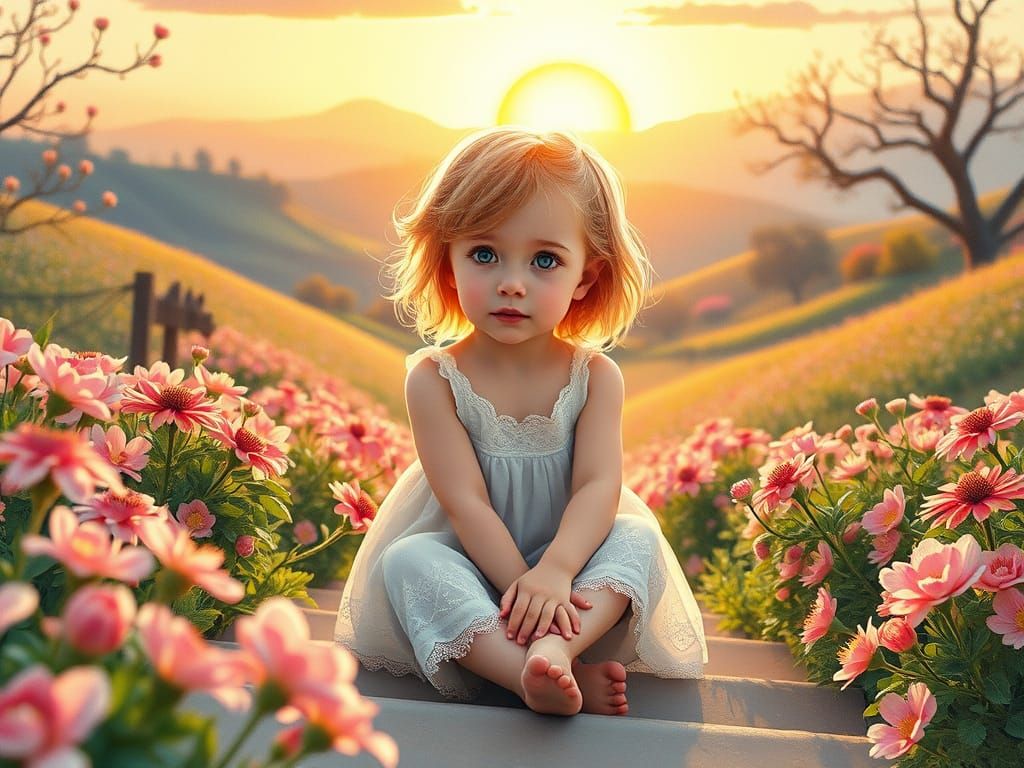 Dreamy Spring Landscape with a Little Girl in a Serene Valle...