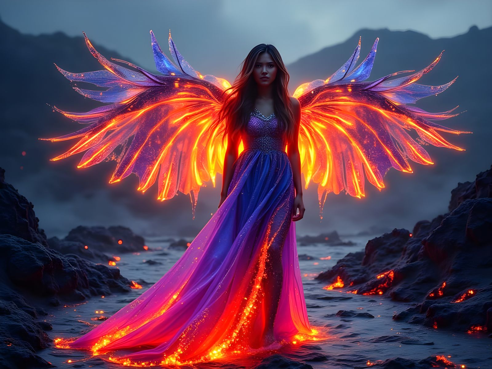 Phoenix Woman Rising from Lava in Digital Art