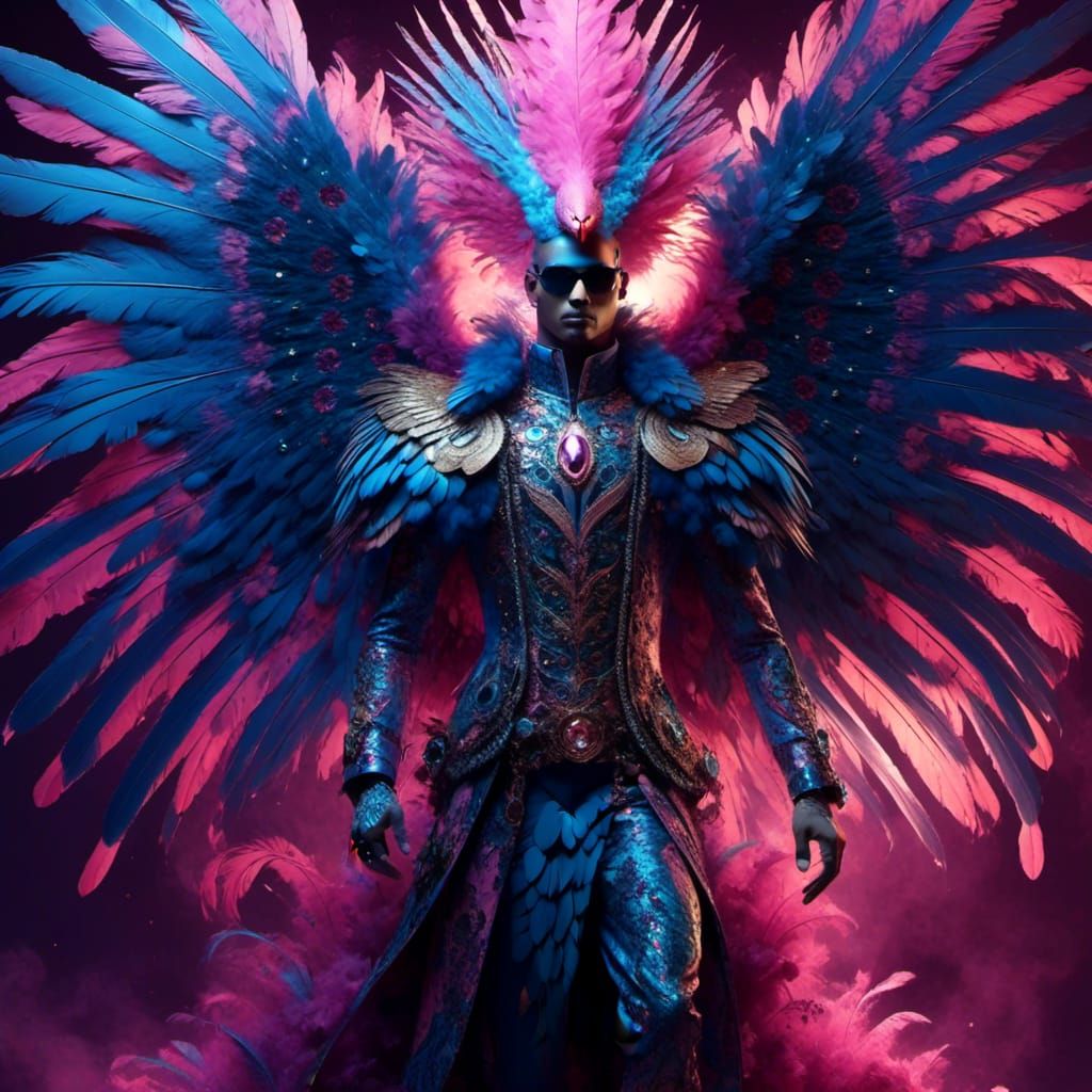 Gothic Winged Man in Polychromatic Feather Suit
