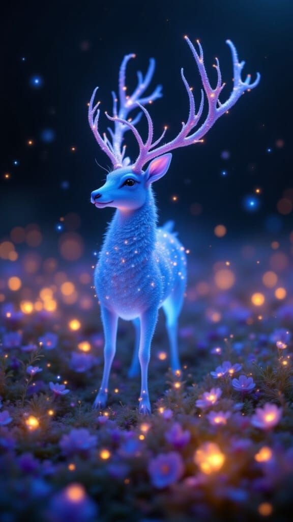 Bioluminescent Deer in Lunar Flower Field