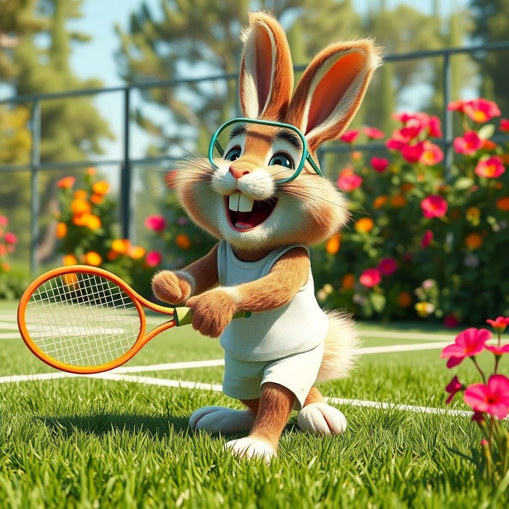 Joyful Bunny Plays Tennis: 3D Cinematic Render