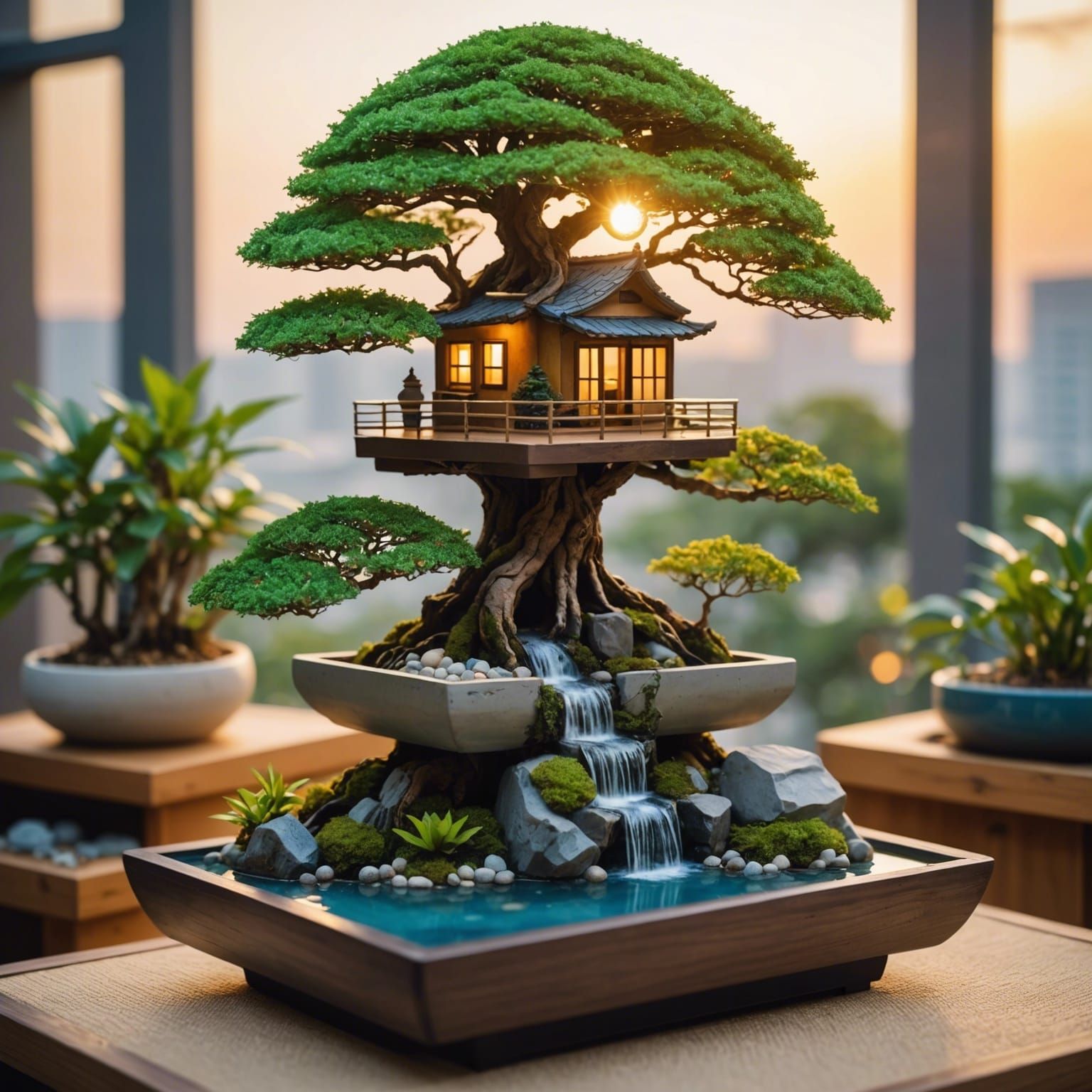 Futuristic Bonsai Treehouse in Zen Garden Setting