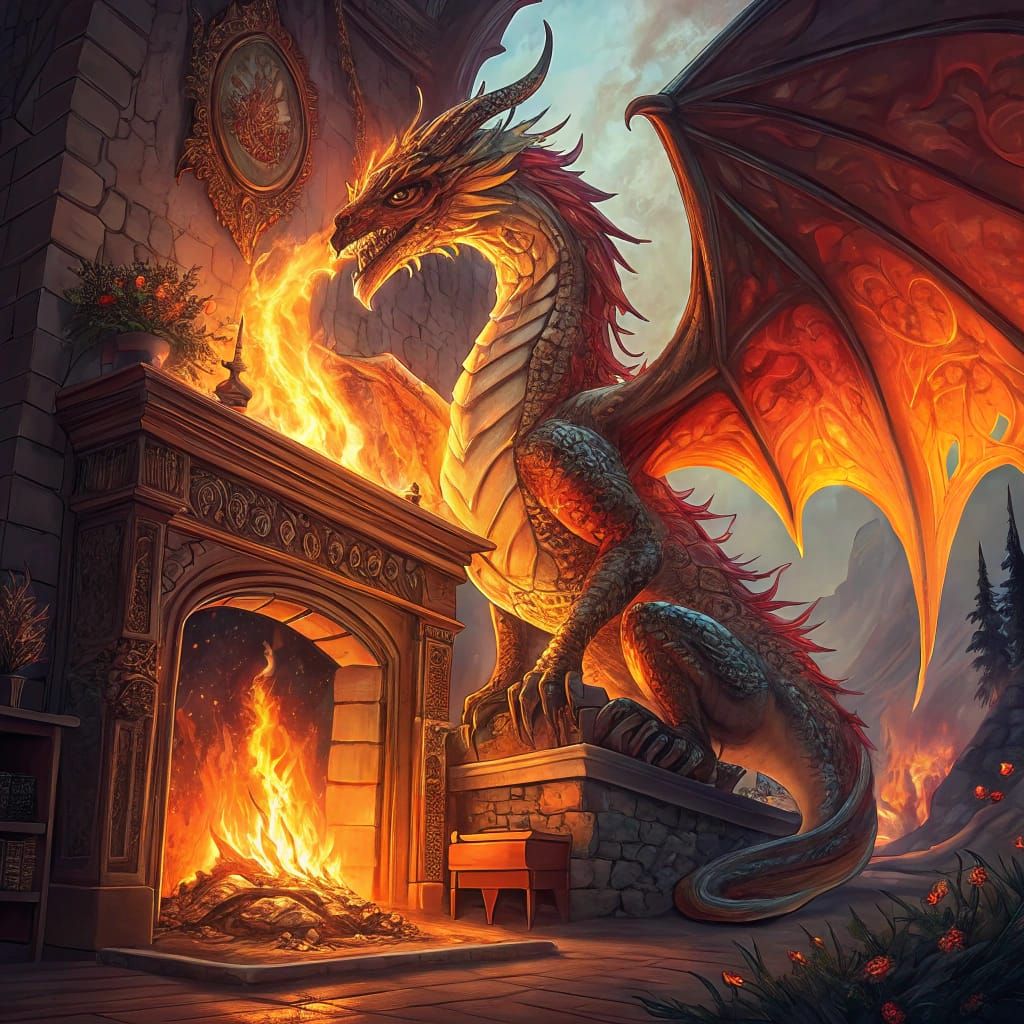 Majestic Fire Dragon Ignites Ornate Fireplace