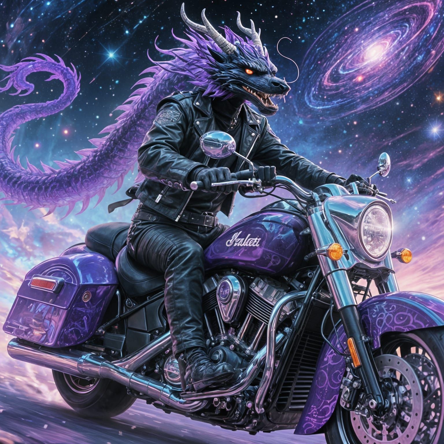 Dragon in Biker Jacket Rides Motorcycle Astral Cosmic Art