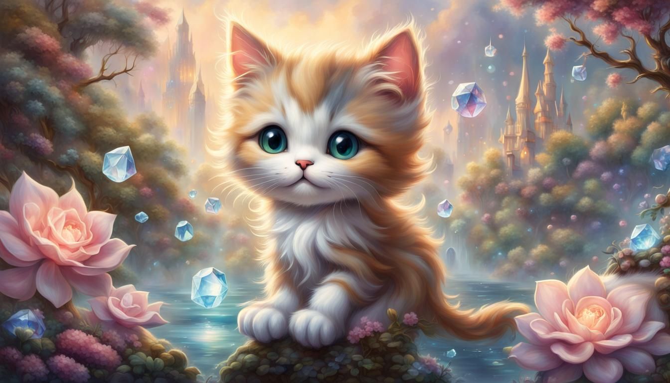 Create a mind-blowing image of a chibi cat character with a magical theme, surrounded by whimsical elements like floatin...