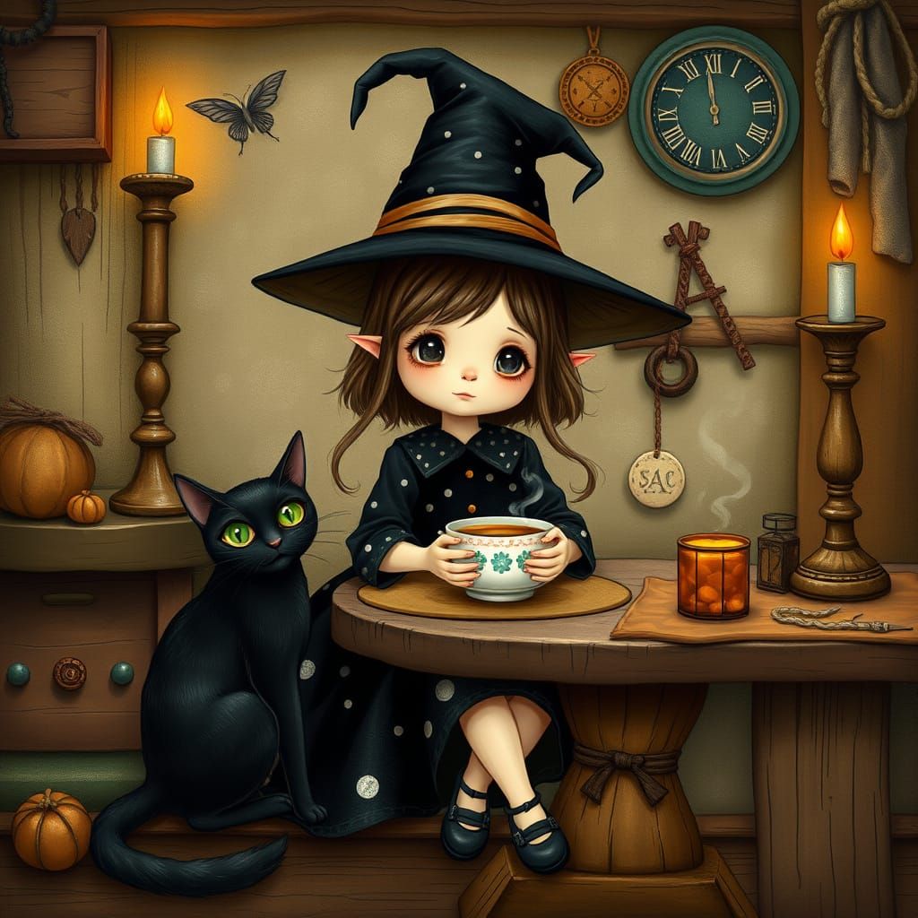 Whimsical Witch in Enchanted Tea Ceremony with Faithful Feli...