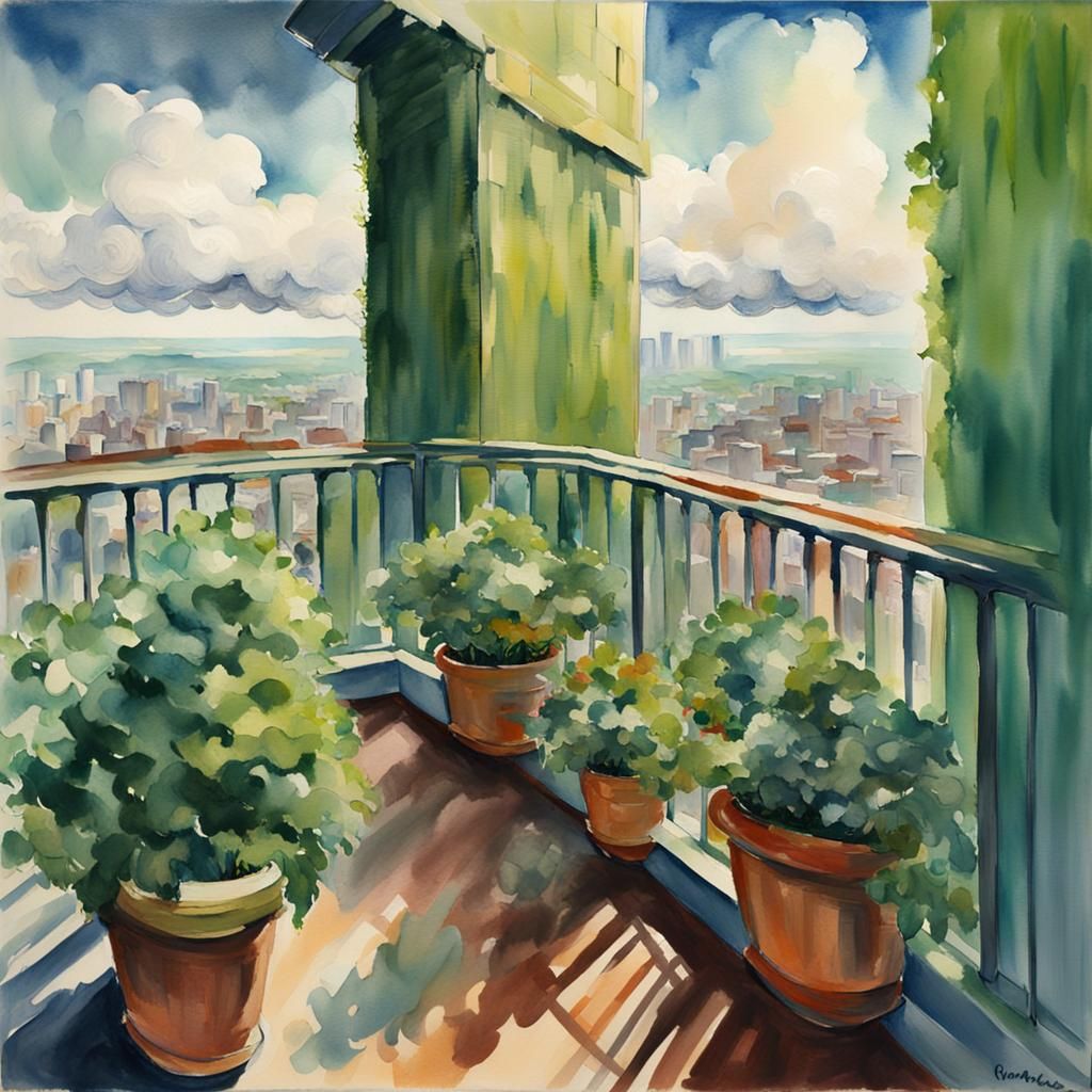 Skyscraper Balcony View in Gouache Style