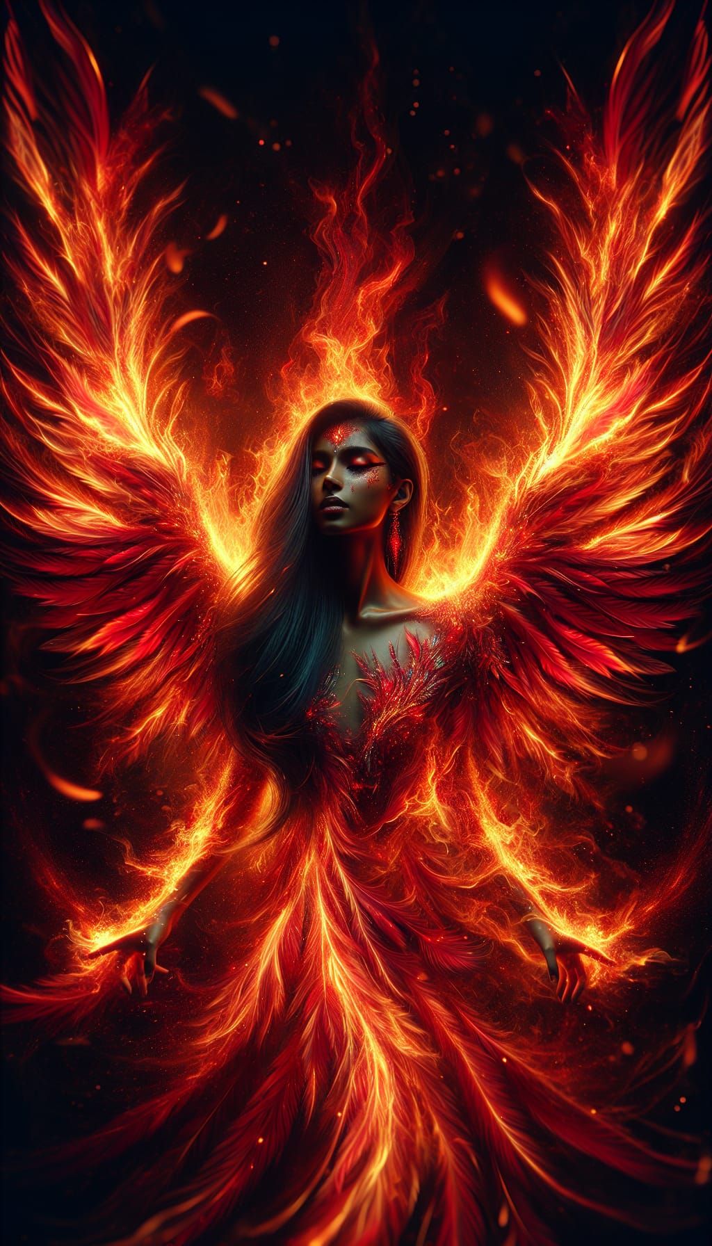 Fiery Phoenix Woman Rises in Digital Art