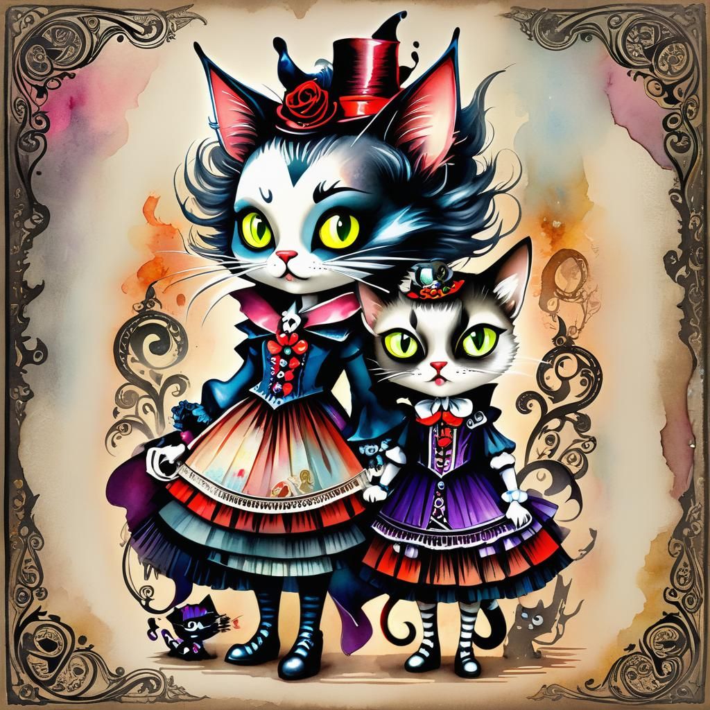 Sinister Chibi Cat in Victorian Dress, Watercolor Style