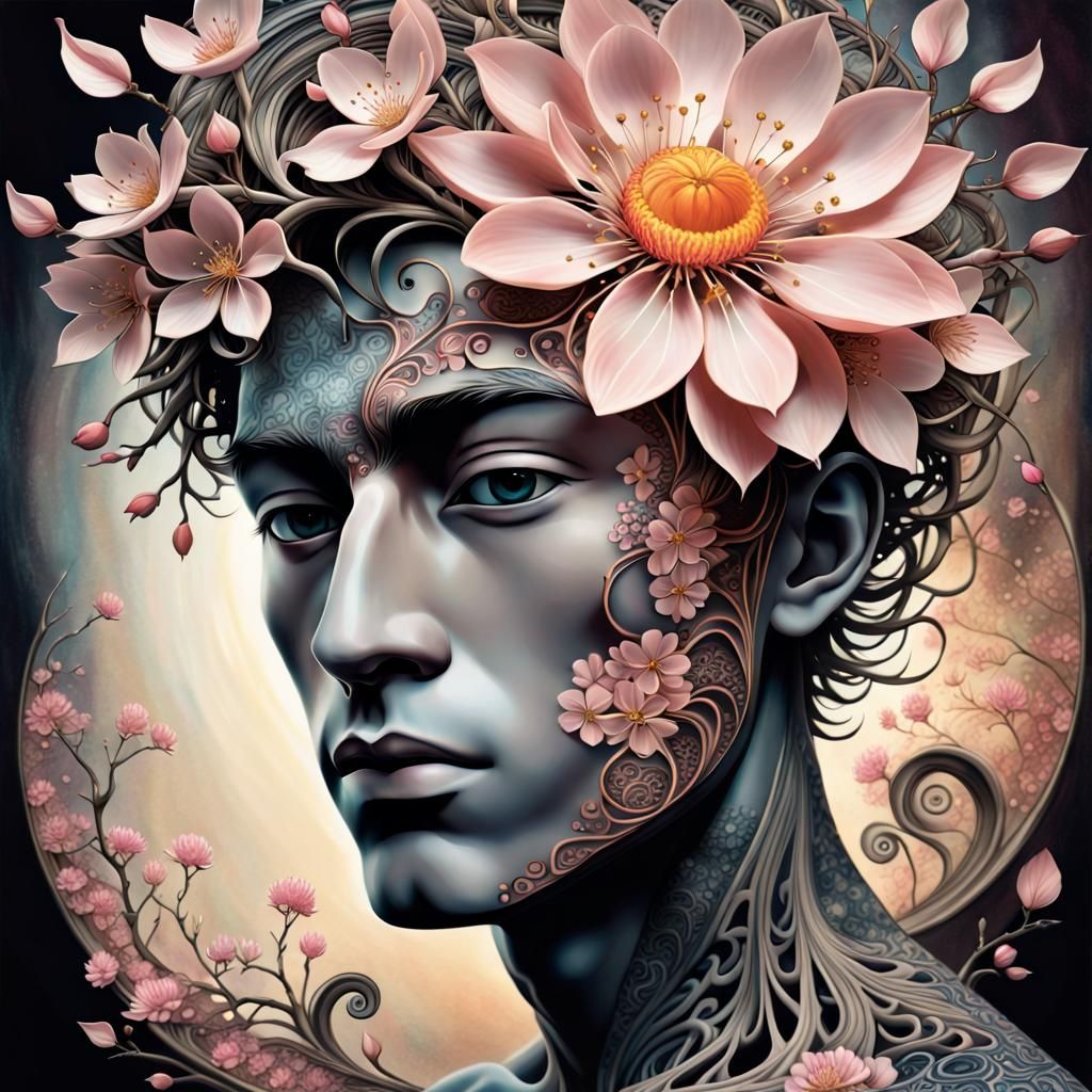 Surreal Man's Face with Blossoms and Fractal Art