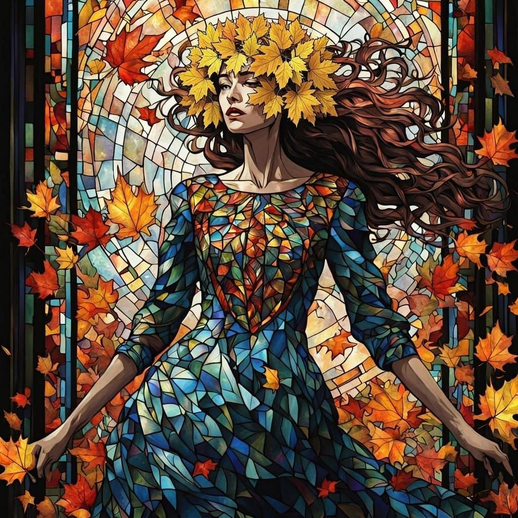 Woman in Shattering Stained Glass Dress in Autumn Alleyway