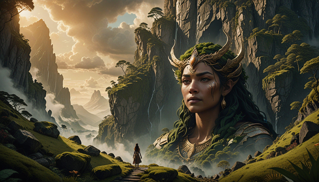 Ethereal Goddess Rises from Mountainous Landscape