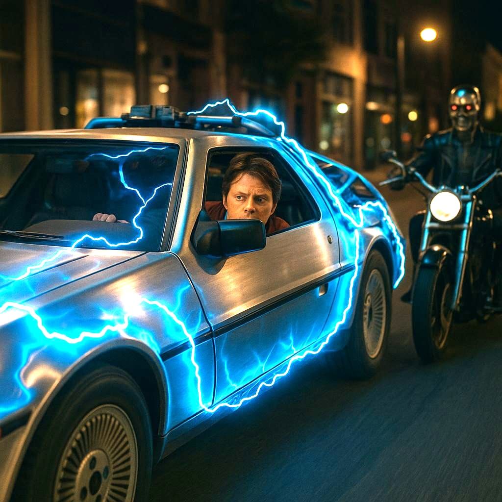 Marty Flees the Cybernetic Hunter in a Neon City Chase