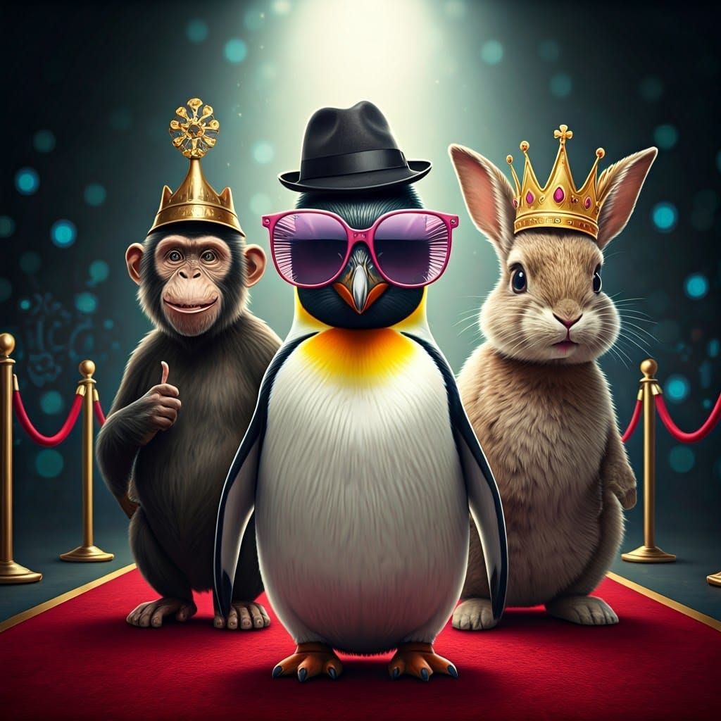 Playful Animal Red Carpet Gathering in Vibrant Colors