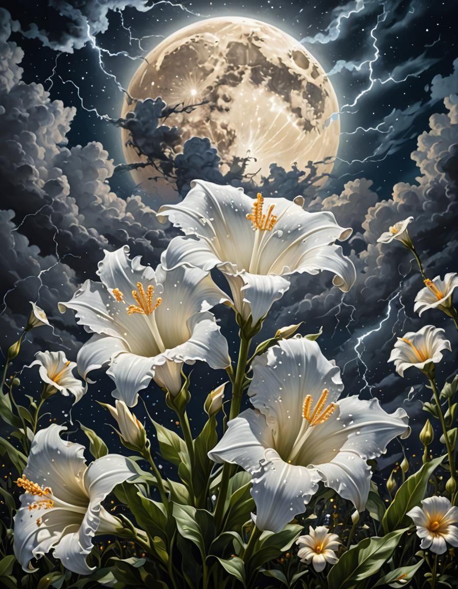 Glowing Moon Flower with Lightning Vortex