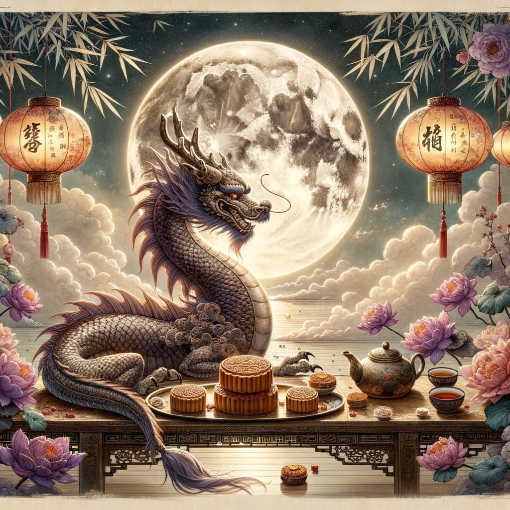 a poetic Mid-Autumn Festival scene displayed like an elegant...