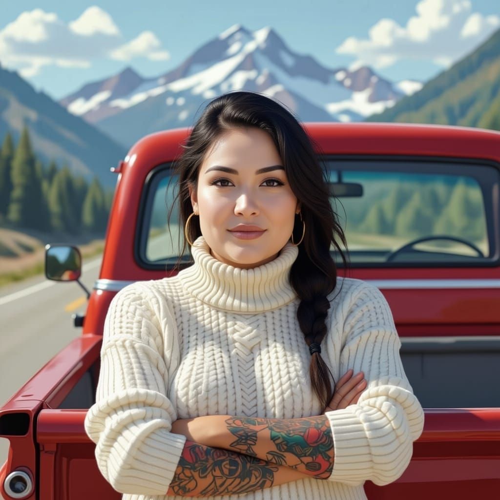 Native American Woman Driving Red Chevy Truck in Oregon