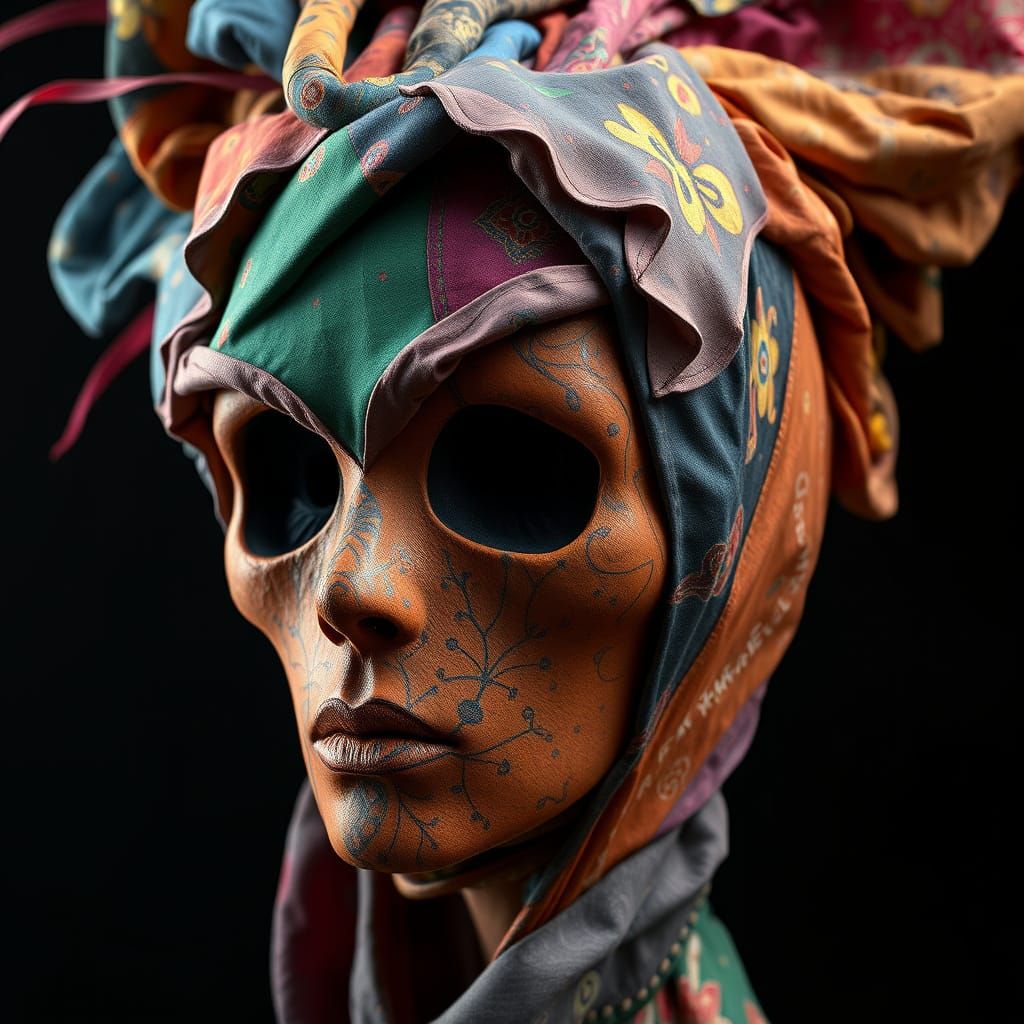 Vibrant Fabric Head Doll in Exotic Oil Painting Style