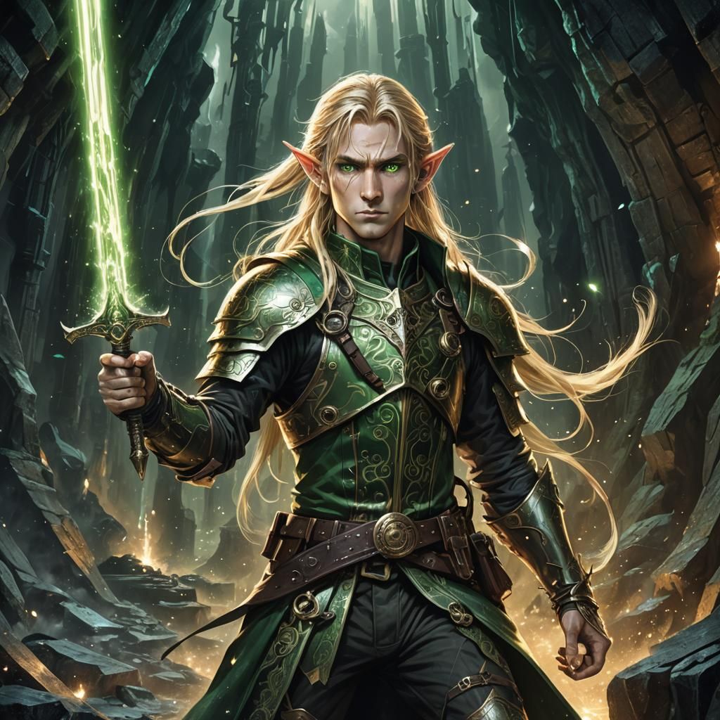 Steampunk Elf with Electric Sword in Dark Cave