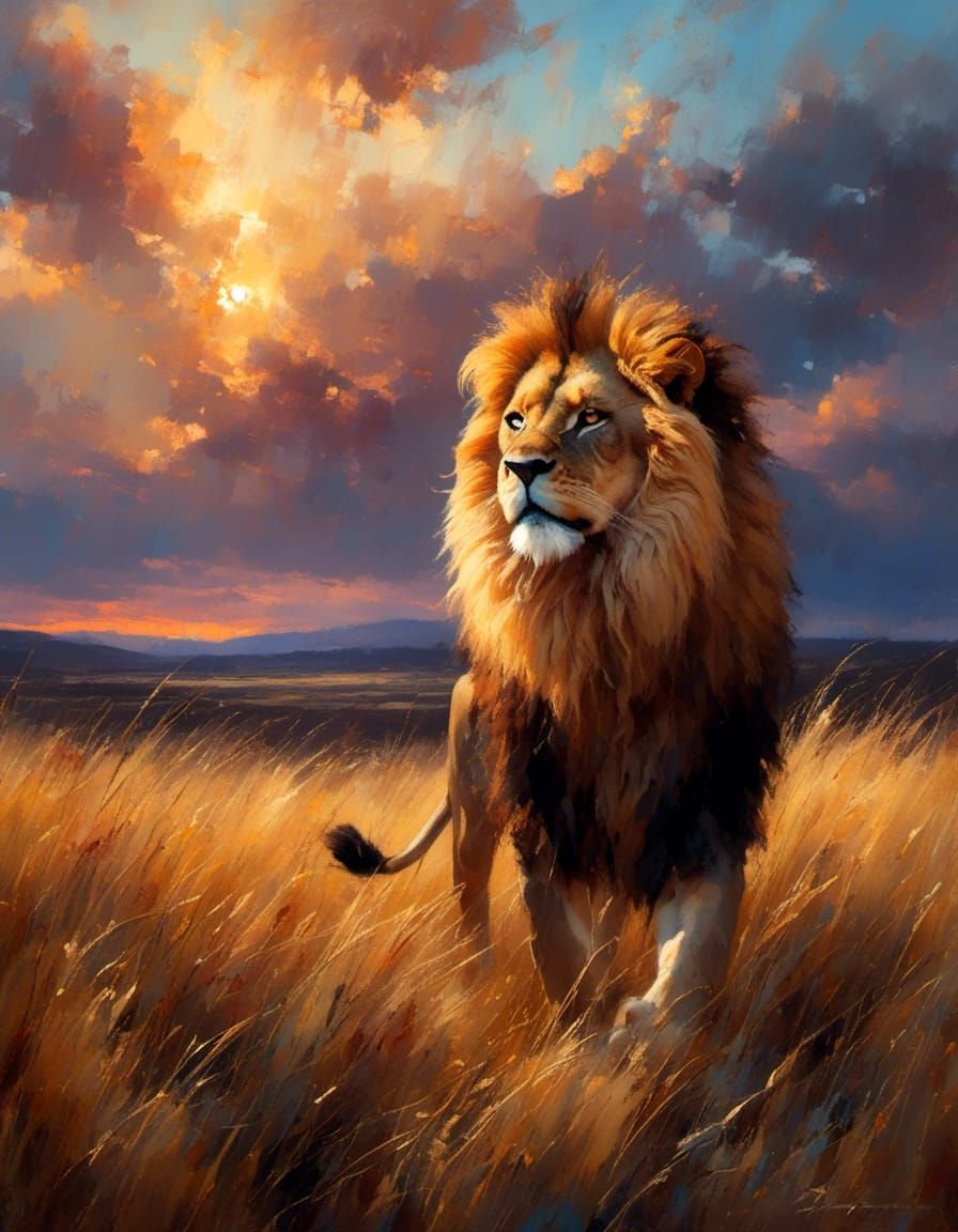 Lion in Sunset Glory Oil Painting
