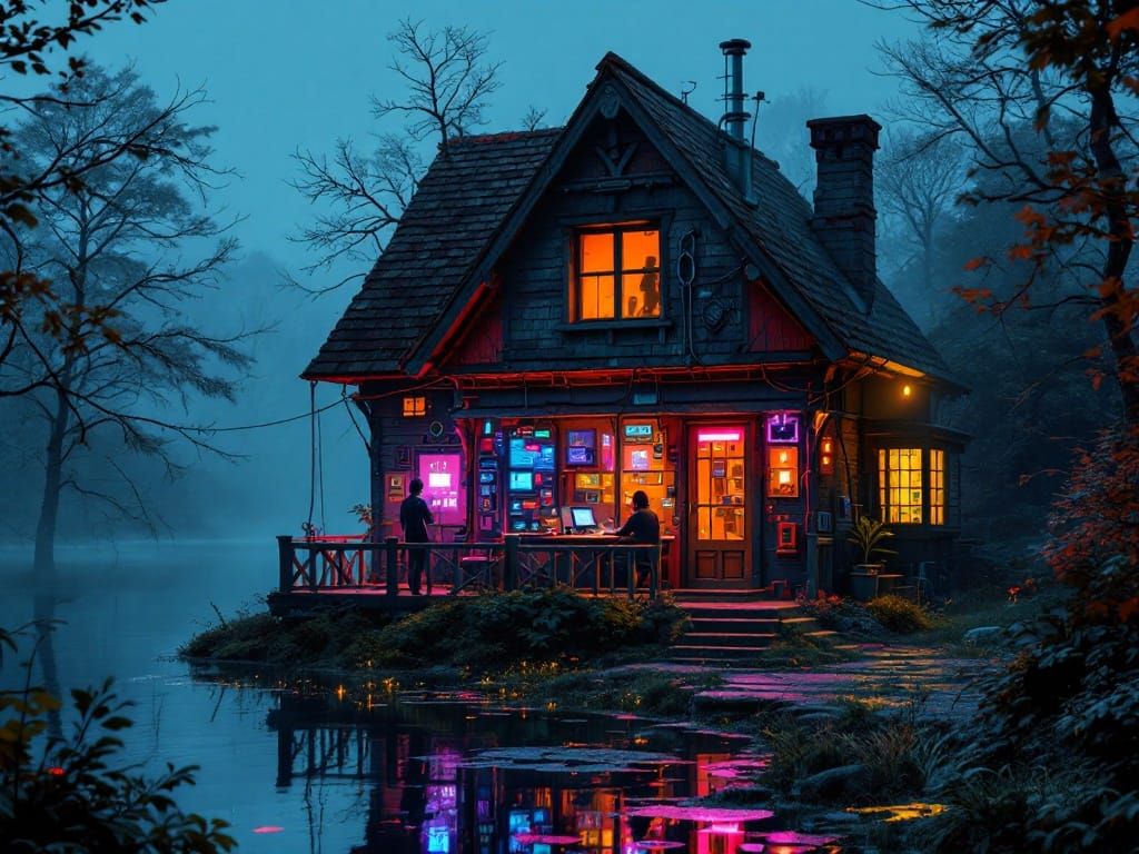 Vintage Cyberpunk Hacker's Lair Transformed from Quaint Cott...