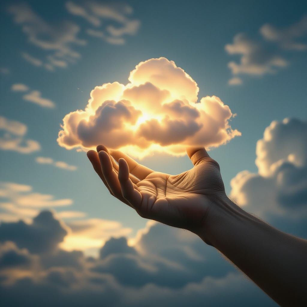 Giant Hand Holds Cloud in Cinematic Sky