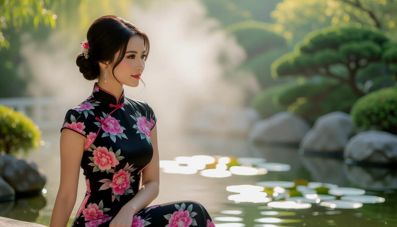 Woman in Black Cheongsam in Chinese Garden Portrait