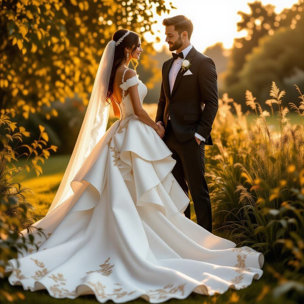 Elegant Bride and Groom in Golden Hour Light