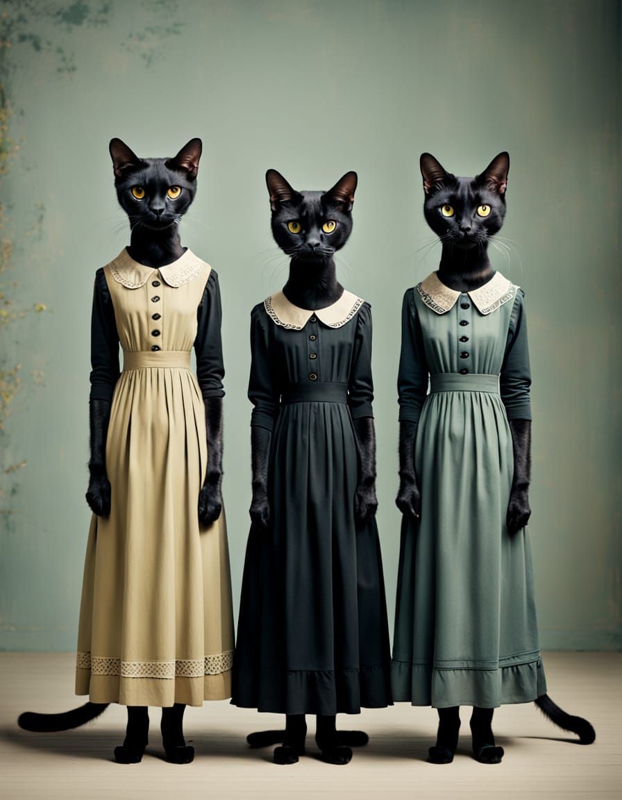Three Black Cats In Vintage Dresses