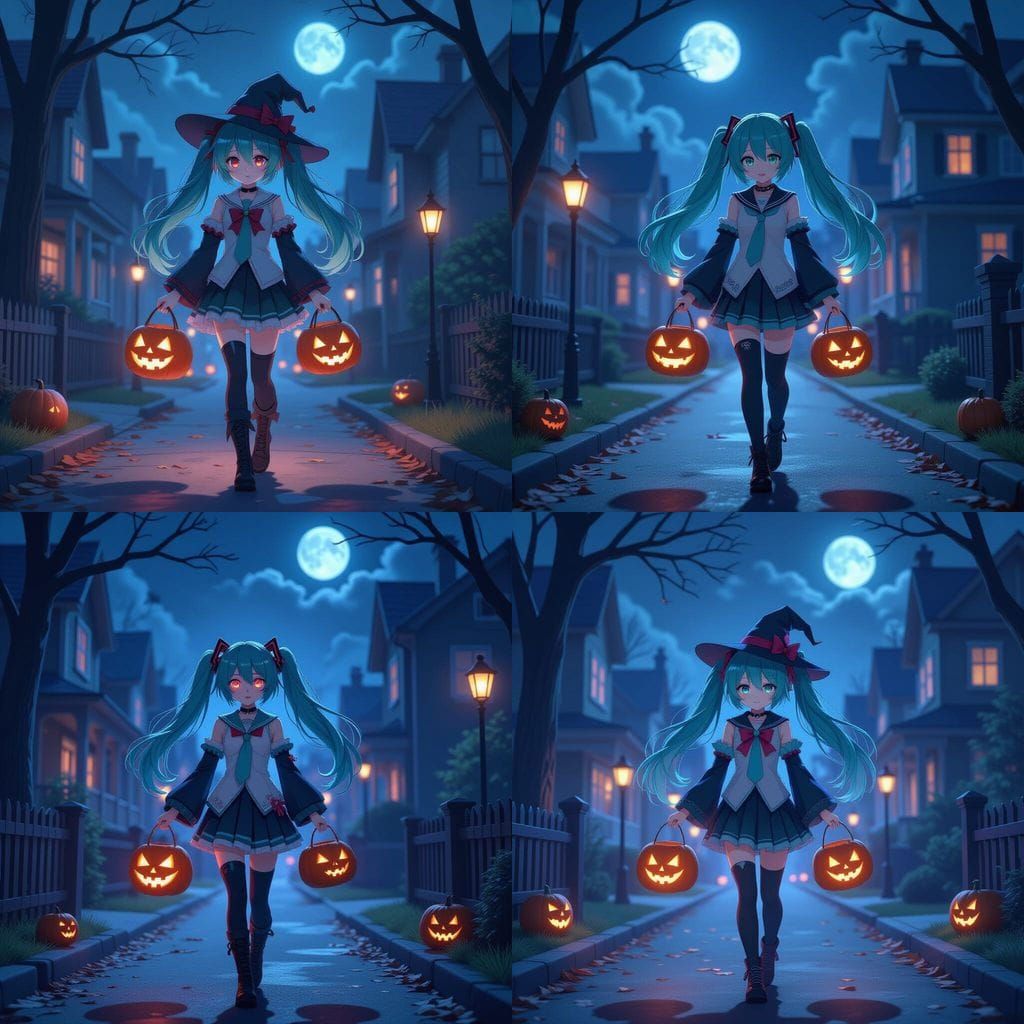 Hatsune Miku in Spooky Halloween Neighborhood 3D Anime Art