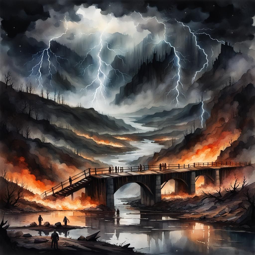 Post-Apocalyptic Valley Flooded in Watercolor Art