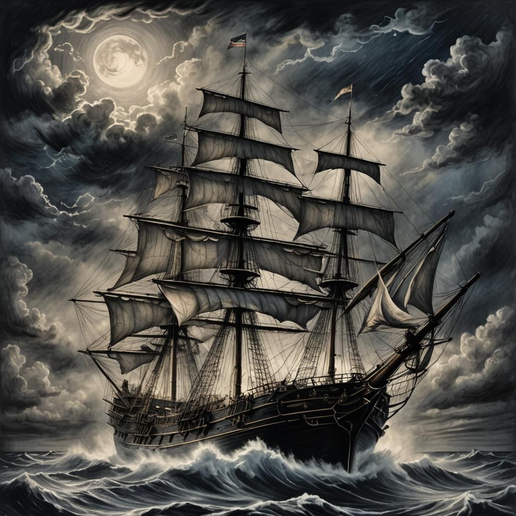 Dramatic Charcoal Ship Amidst Stormy Waters