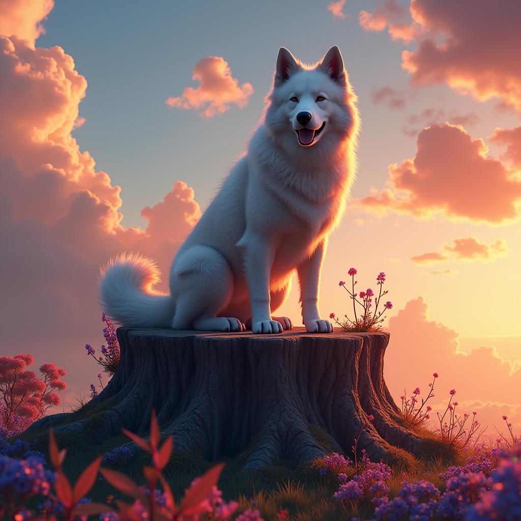 Majestic Dog on Ancient Stump: Fantasy Matte Painting