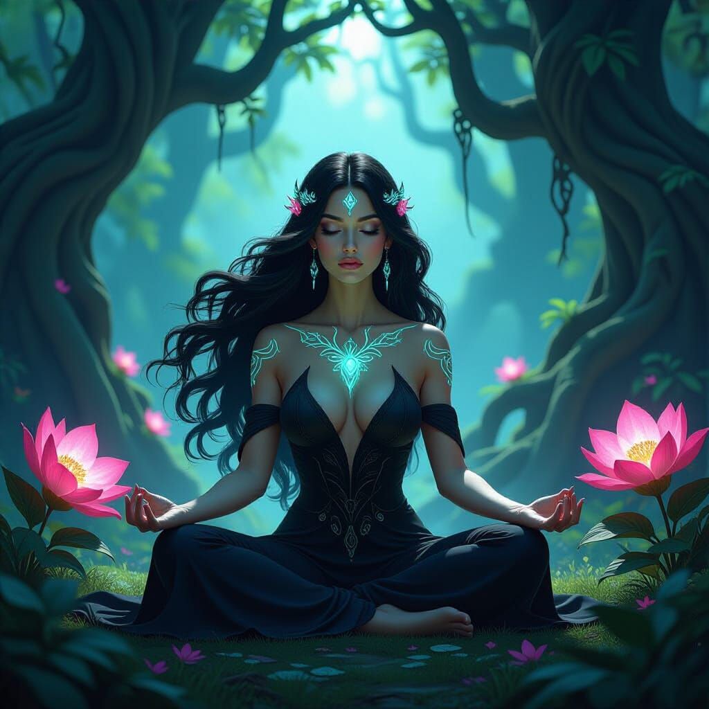 Serene Woman Meditating in Enchanted Forest