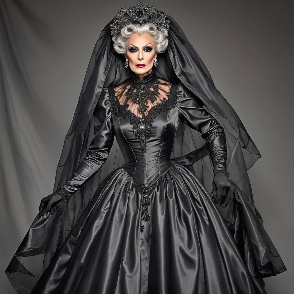 Black Satin Couture Drag Queen in Victorian Gown