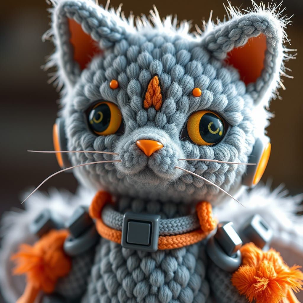 Whimsical Amigurumi Cat in Cyberpunk Manga Style