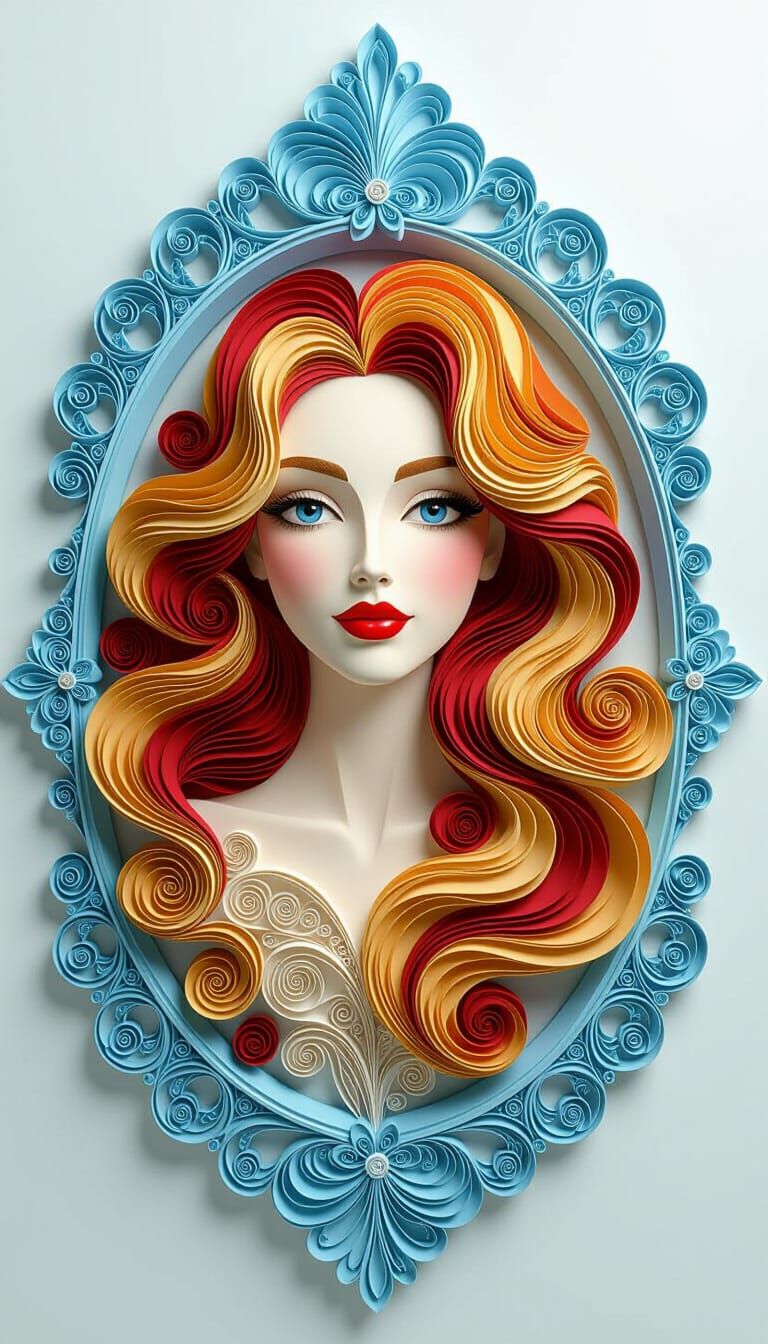 Layered Paper Quilling, woman face, long flowing hair, frame...